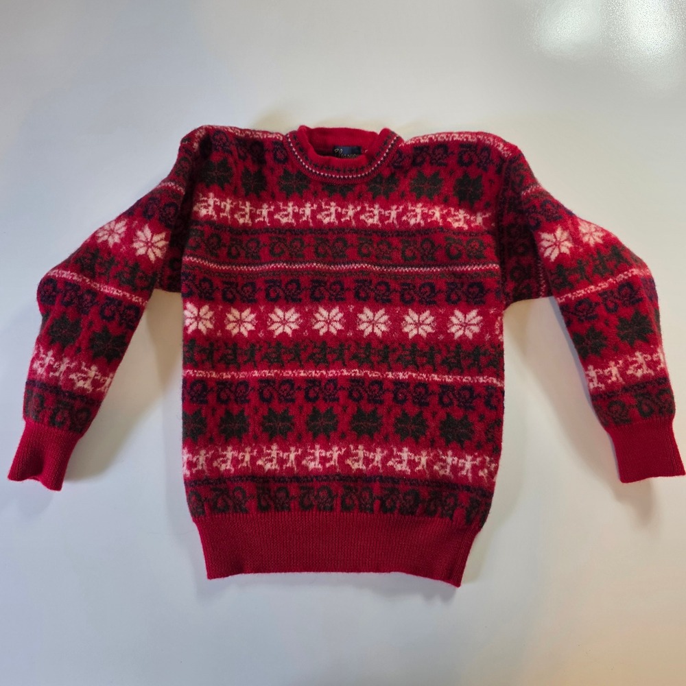 Pleasure Womens Red Fair Isle 100% Wool Crewneck Sweater Nordic Snowflake Large
